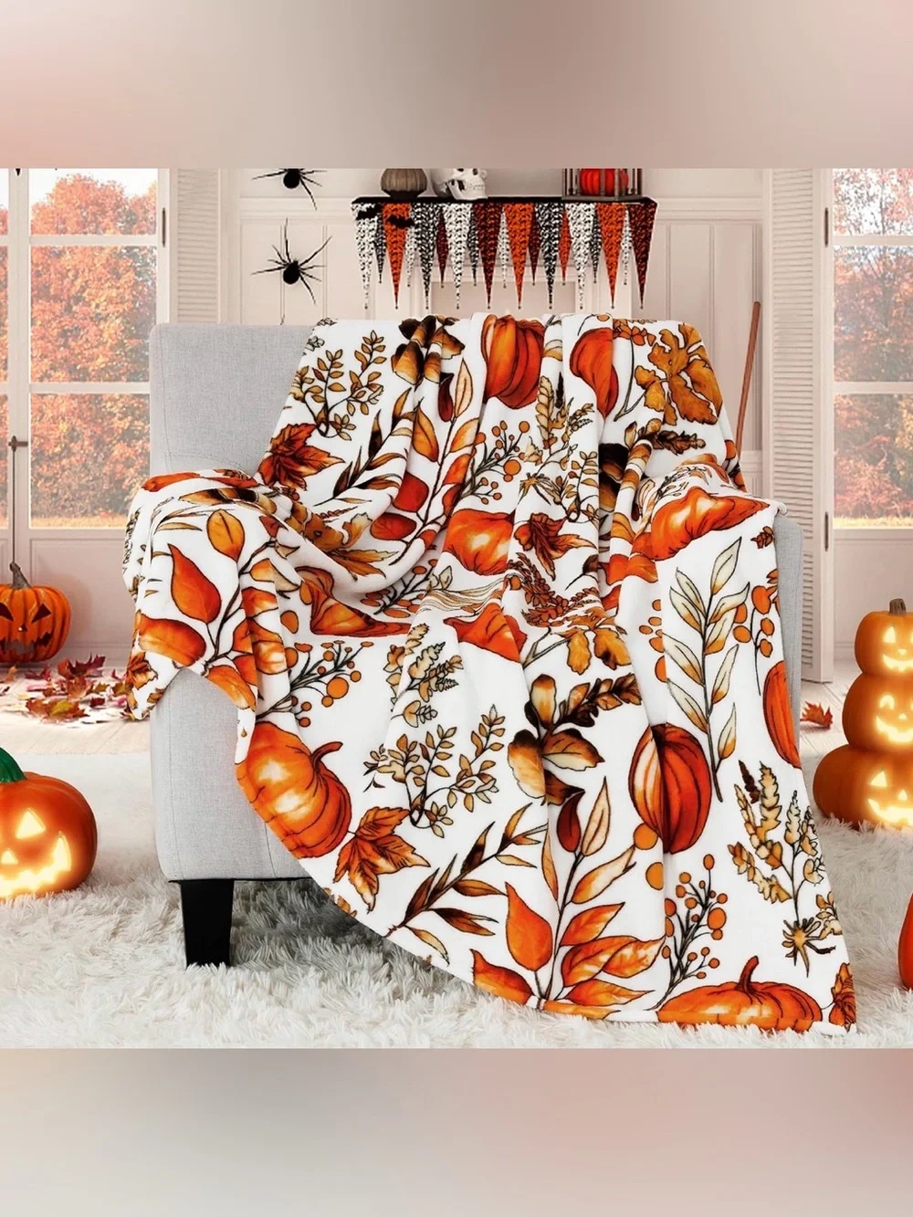 NWT Halloween Throw Blanket Fall Fuzzy Fluffy Cozy Soft Pumpkin Leaves